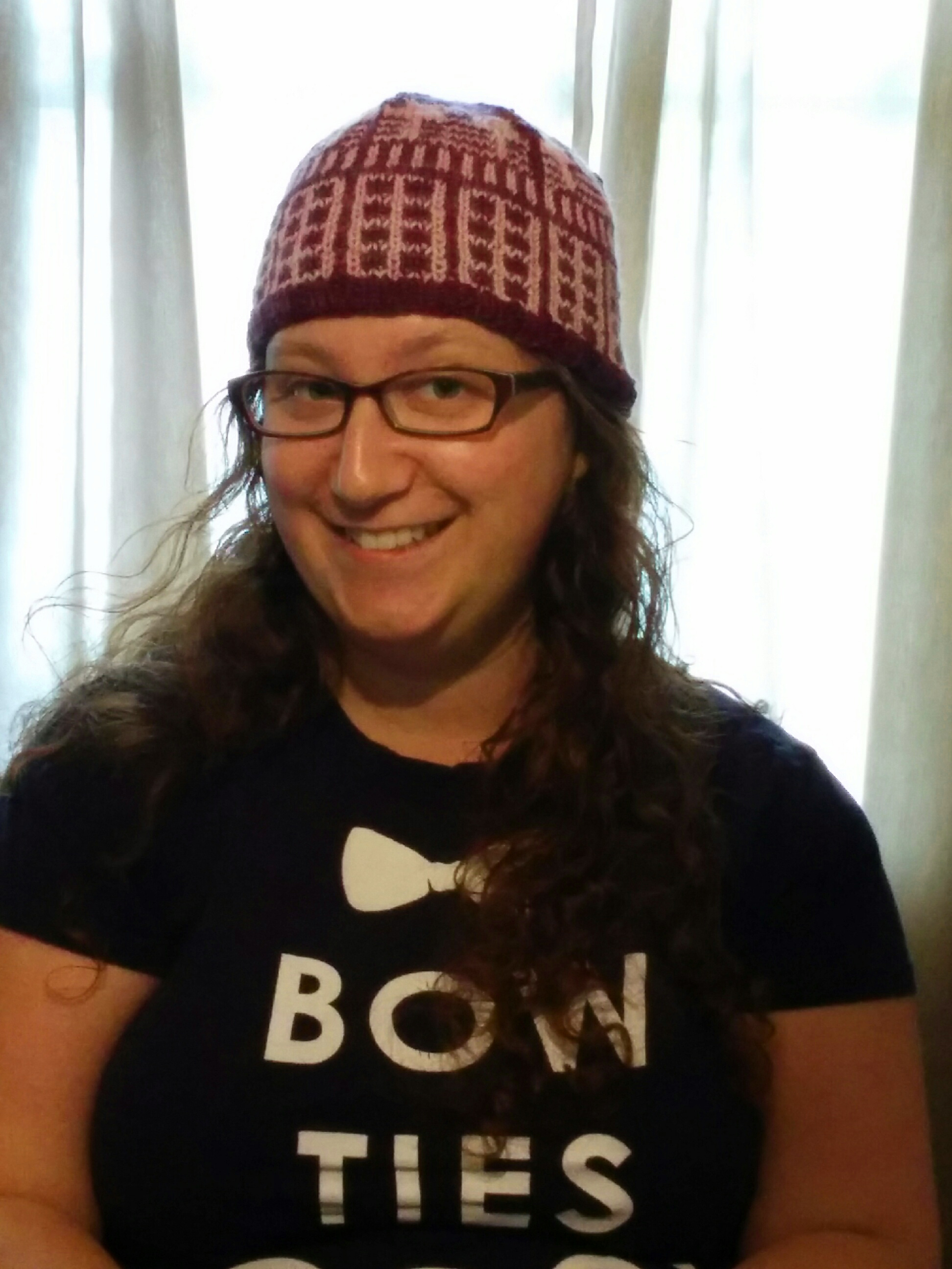 Whovian in a knitted Dalek hat